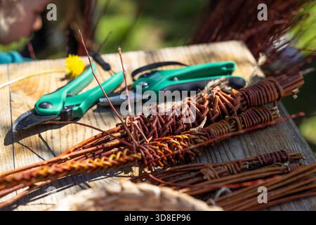 Weaving willow branches with pruners on a wooden table outdoors in Kourim, Czechia Stock Photo