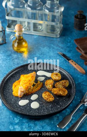 Black plate with chicken, melted cheese, roasted potatoes, and sauce on a blue background Stock Photo