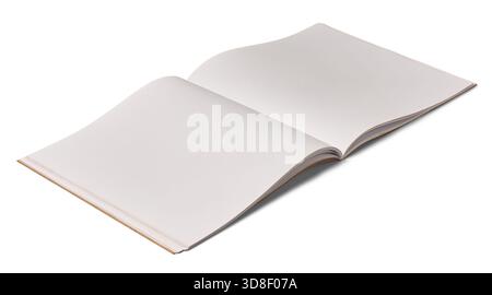 open blank booklet or magazine with clean white pages isolated white background, simple stationery mock-up template with copy space for text Stock Photo