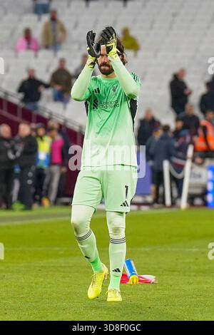 Liverpool goalkeeper Alisson Becker applauds the fans following the ...