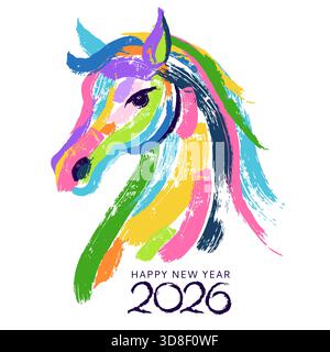 Vector vibrant watercolor horse head, symbol of 2026 New Year hand painted illustration. Holiday animal art print design element for banner, poster, g Stock Vector