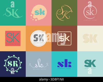 SK logo company template. Letter s and k logotype. Set different classic serif lettering and modern bold text with design elements. Initial font typog Stock Vector