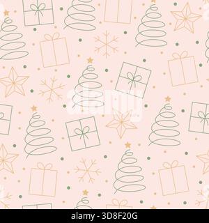 Minimal Christmas seamless pattern with gift boxes, stars and trees. Vector illustration Stock Vector