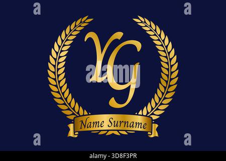 Initial letter Y and G, YG monogram logo design with laurel wreath. Luxury golden emblem with calligraphy font. Stock Vector