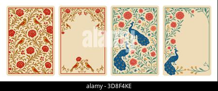 Elegant vintage-style decorative frames and background designs card featuring floral motifs, small songbirds, and peacocks. Manila shawl inspiration. Stock Vector