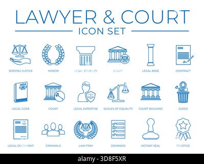 Thin Lawyer and Court Icon Set. Law Firm, Serving Justice, Honor, Legal Stability, Court, Base, Contract, Code, Expertise, Scales of Equality Stock Vector
