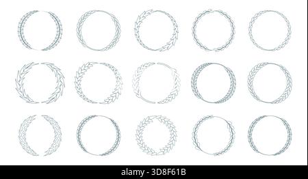 Round Thin Outline Floral Botanical Circle Element Collection Set with Leaves Stock Vector