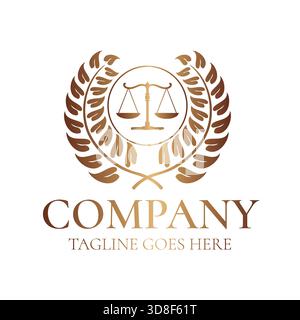 Lawyer Company or Law Firm Elegant Logo with the Scales of Justice and Laurel Wreath in White and Gold Stock Vector
