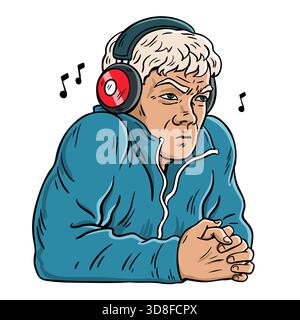 Cartoon vector illustration of a music critic wearing headphones and listening attentively. Serious facial expression, folded hands, musical notes aro Stock Vector
