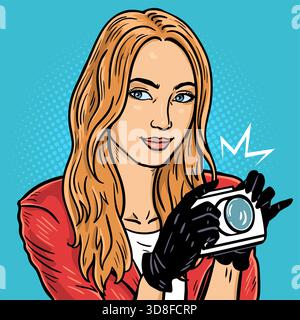 Woman holding camera with gloves, pop art vector illustration Stock Vector