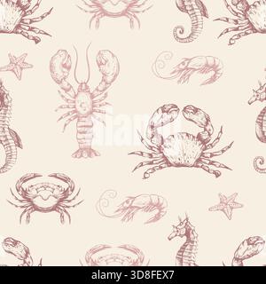 Fish sea vector seamless pattern with crabs octopus seahorse shells starfish and shrimp Stock Vector