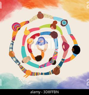 Aerial view of people forming a colorful spiral symbolizing unity diversity and human connection Stock Vector