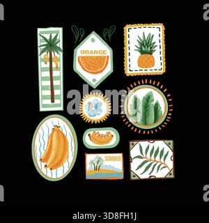 Tropic fruits vector isolated badges with banana orange pineapple palm leaf summer illustrations Stock Vector