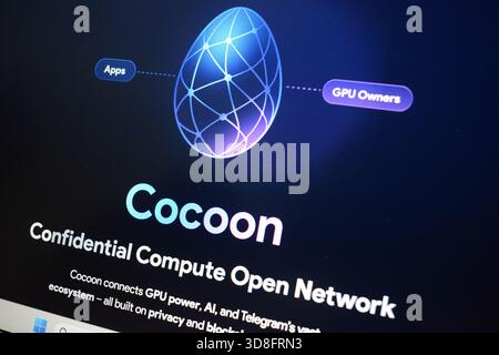 Cocoon platform website displayed on a computer screen. Cocoon, a decentralized AI compute network launched by Telegram CEO Pavel Durov, Stock Photo