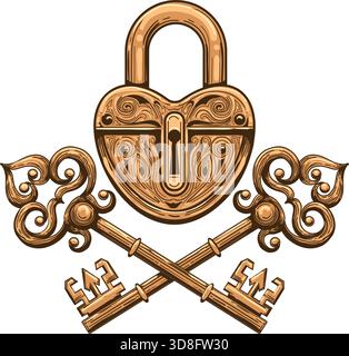 Engraving vintage lock and two keys Stock Vector