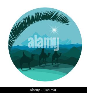 Happy epiphany day design in a circle. Three wise men on camel, bright star, nativity of Jesus. hand drawing. Not AI, Vector illustrations. Stock Vector