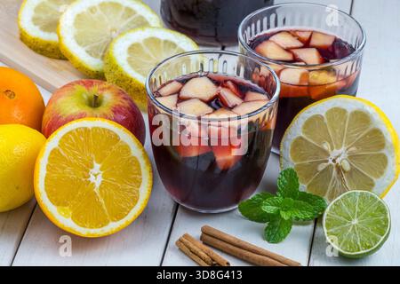 Glasses of sangria and fruit on a table Stock Photo