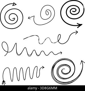 Spiral arrow doodle collection featuring flowing curves and artistic line work. Stock Vector
