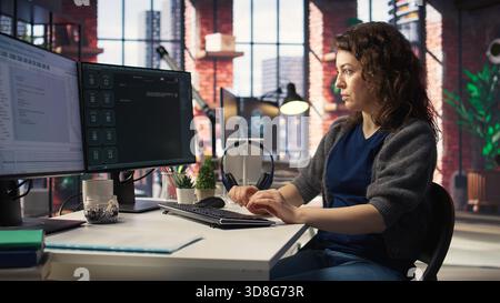Worker uses AI chatbot system to guide through problem solving tasks, futuristic technology highlights smart algorithms and machine learning. Communication and IT support. Camera A. Stock Photo