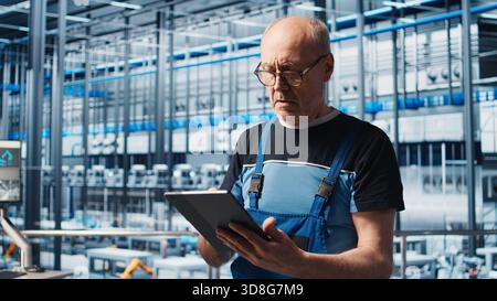 Senior engineer in smart factory rigorously testing automated systems to ensure reliability and safety. Technician identifying bottlenecks and optimizing equipment based on sensors data, camera A Stock Photo
