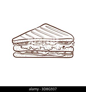 A toasted sandwich with layers of lettuce, vegetables, and toppings. Vector illustration in a line art style. Stock Vector