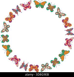 Groovy Retro Butterfly Floral Circle Frame Seamless Pattern Stock Vector