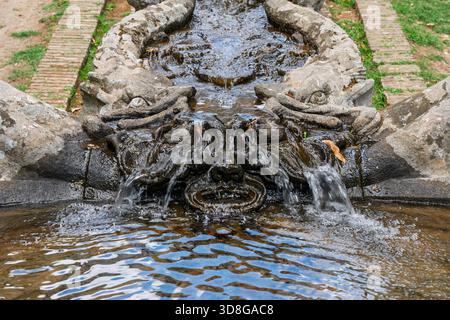Italy - Caprarola - Palazzo Farnese - Close up of a grotesque stone mask fountain with flowing water Stock Photo