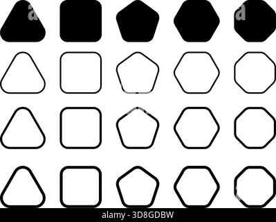 Set of simple basic geometric forms with rounded corners. Triangle and square, pentagon and hexagon, octagon shapes isolated on white background. Vector graphic illustration. Stock Vector