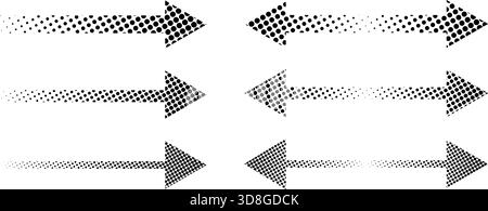 Set of black arrow and double arrow symbols with halftone, noise or grainy texture isolated on white background. Dotted directing signs in anime cartoon style. Vector graphic illustrations. Stock Vector