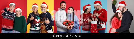 Happy couples celebrating Christmas. Collage on colorful backgrounds Stock Photo