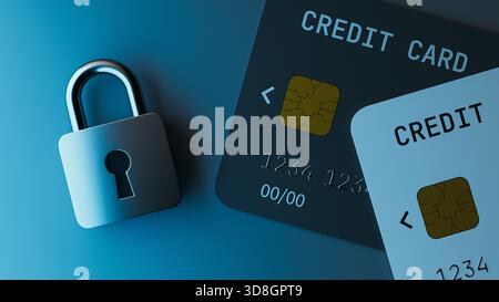 Credit Card Security Lock Padlock Protection Banking Concept. 3d rendering Stock Photo
