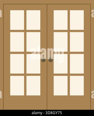 Double French doors with multiple glass panes, wooden frames, and central knobs, shown in a clean flat vector style. Stock Vector