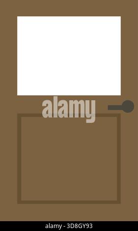 Brown wooden door with a large upper window, lower recessed panel, and round knob, illustrated in a simple flat vector style. Stock Vector