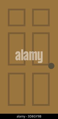 Classic brown paneled door with six recessed rectangular panels and a round knob, illustrated in a simple flat vector style. Stock Vector