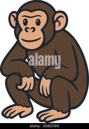 A friendly cartoon chimpanzee crouched with arms resting on knees. Stock Vector