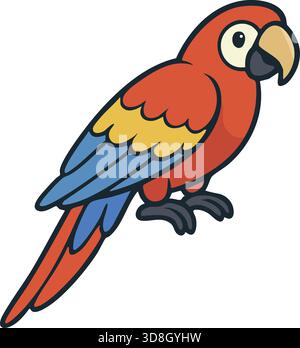 A bright red blue and yellow macaw parrot standing on its claws. Stock Vector