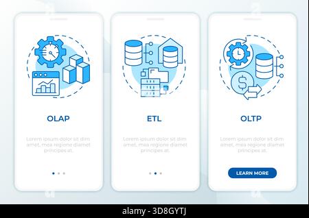 Data processing types blue onboarding mobile app screen Stock Vector
