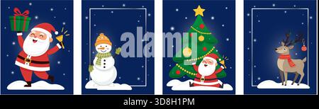 Festive holiday greeting cards with Santa, snowman, Christmas tree, and reindeer with copy space Stock Vector