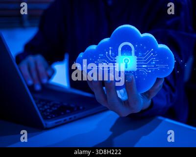 Cloud security concept with glowing padlock icon and digital circuit, representing secure data storage, network protection, cybersecurity, and privacy Stock Photo