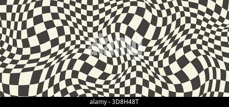 Trippy checkerboard background. Retro psychedelic checkered wallpaper. Wavy groovy chessboard surface. Distorted geometric grid chess pattern. Abstract old deformed flag backdrop. Vector Stock Vector