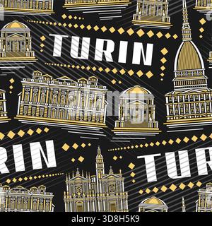 Vector Turin Seamless Pattern, repeating background with illustration of famous historical turin city scape on nighttime background for interior decor Stock Vector