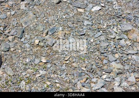 Pile of various gray and brown natural rocks and stones under bright sunlight - full-frame background, quarry material or construction aggregate. Stock Photo