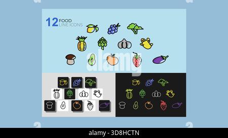 Set of 12 colorful food line icons fruits and vegetables in color, black, and white versions. Perfect for apps, UI design, packaging, and educational Stock Vector