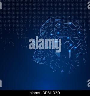 Abstract digital illustration of a human head made of geometric fragments and circuits, symbolizing artificial intelligence, neural networks Stock Vector