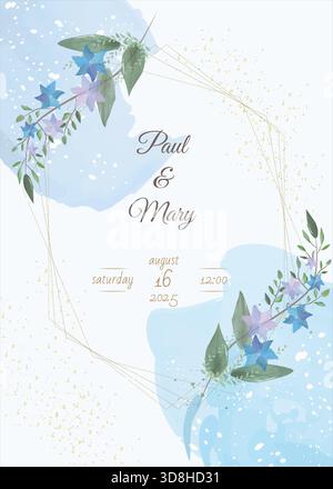 Elegant wedding invitation with floral frame, gold lines, and watercolor background. Features names, date, and time. Perfect for romantic event design Stock Vector