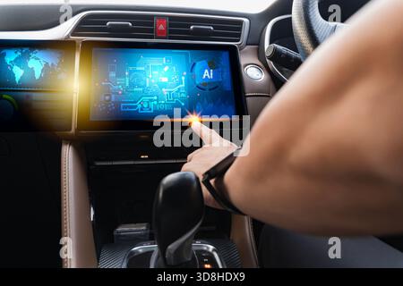 A driver interacts with an AI-powered digital interface on a modern car touchscreen, featuring futuristic graphics, glowing elements, and advanced aut Stock Photo