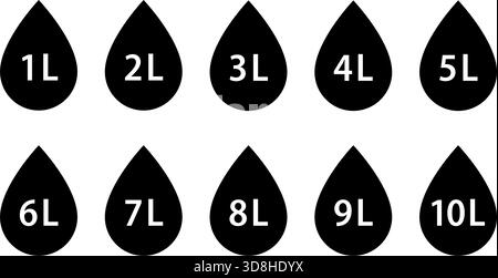 Water volume symbol from 1 to 10 liters. Liquid capacity icons set ...
