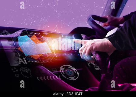 A futuristic car cockpit featuring an advanced AI touchscreen interface, showing digital controls and driver interaction with glowing technology eleme Stock Photo