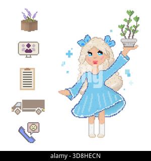 Pixel art scene with a fantasy girl holding a potted plant, surrounded by. Whimsical vector retro-style illustration with sparkles Stock Vector