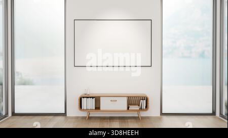 Blank frame over a table between two glass doors of a wooden floor room with snowy scenery outside. Sightseeing terrace, 3D rendering, 3D Illustration Stock Photo